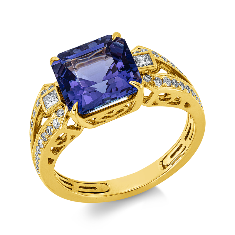 Ring mit Tansanit  aus 750/-18 Karat Gelbgold mit 42 Diamanten 0