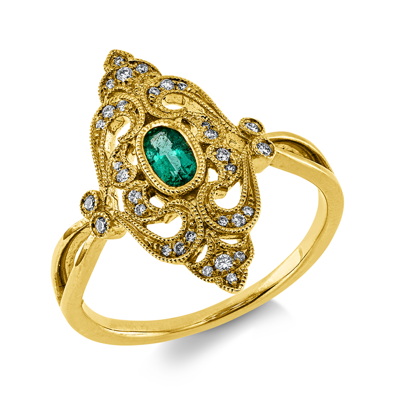 Ring mit Smaragd  aus 750/-18 Karat Gelbgold mit 32 Diamanten 0