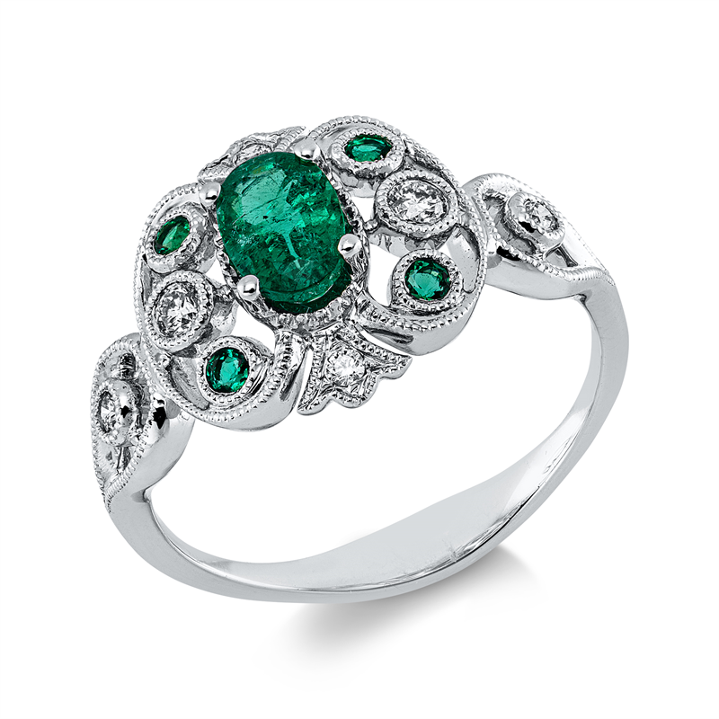 Ring mit Smaragd  aus 750/-18 Karat Weißgold mit 6 Diamanten 0