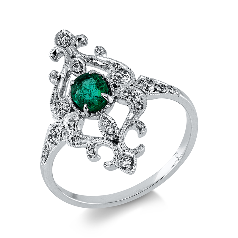 Ring mit Smaragd  aus 750/-18 Karat Weißgold mit 24 Diamanten 0