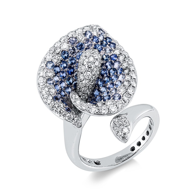 Ring mit Saphir  aus 750/-18 Karat Weißgold mit 109 Diamanten 1