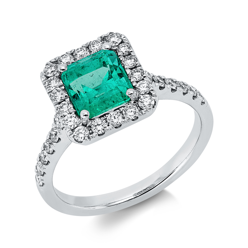 Ring mit Smaragd  aus 750/-18 Karat Weißgold mit 30 Diamanten 0