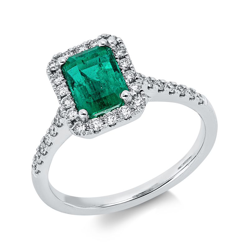 Ring mit Smaragd  aus 750/-18 Karat Weißgold mit 32 Diamanten 0