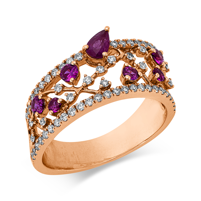 Ring mit Rubin  aus 750/-18 Karat Rotgold mit 61 Diamanten 0