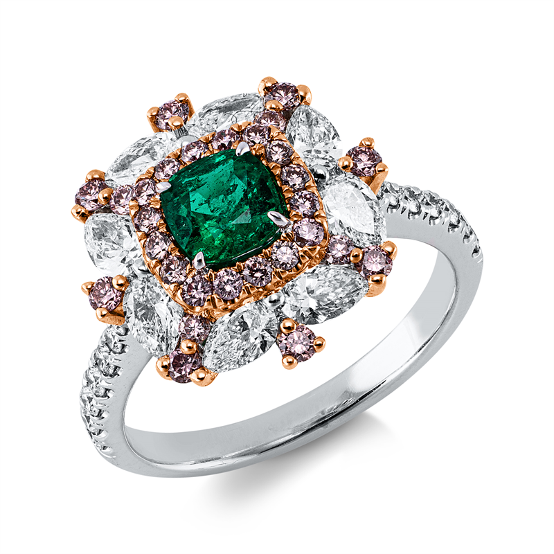Ring mit Smaragd  aus 750/-18 Karat Weißgold / Rotgold mit 50 Diamanten 1