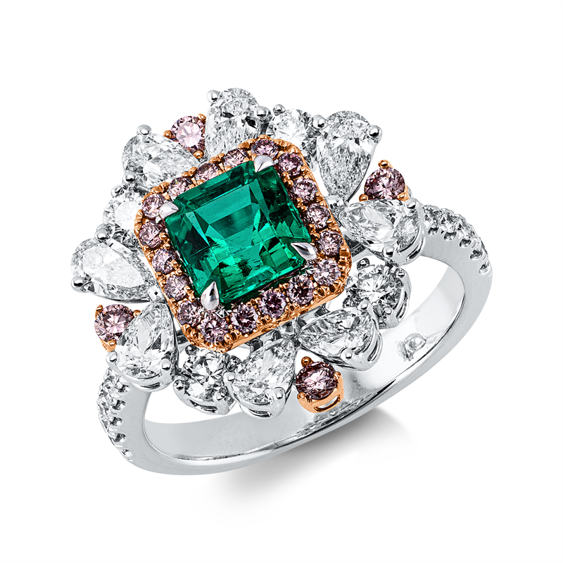 Ring mit Smaragd  aus 750/-18 Karat Weißgold / Rotgold mit 48 Diamanten 1