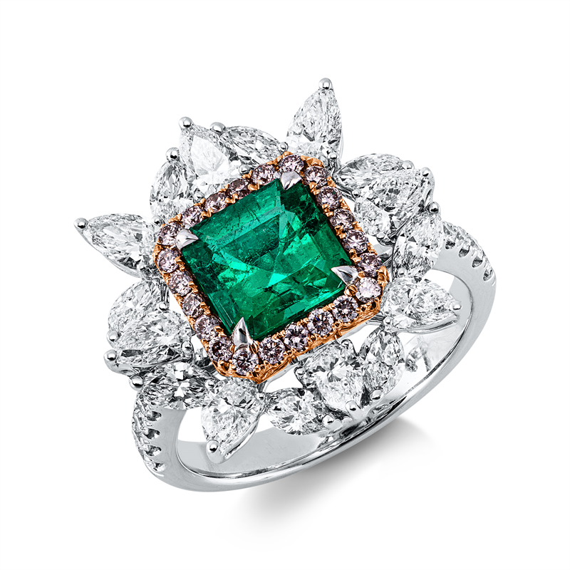 Ring mit Smaragd  aus 750/-18 Karat Weißgold / Rotgold mit 52 Diamanten 1