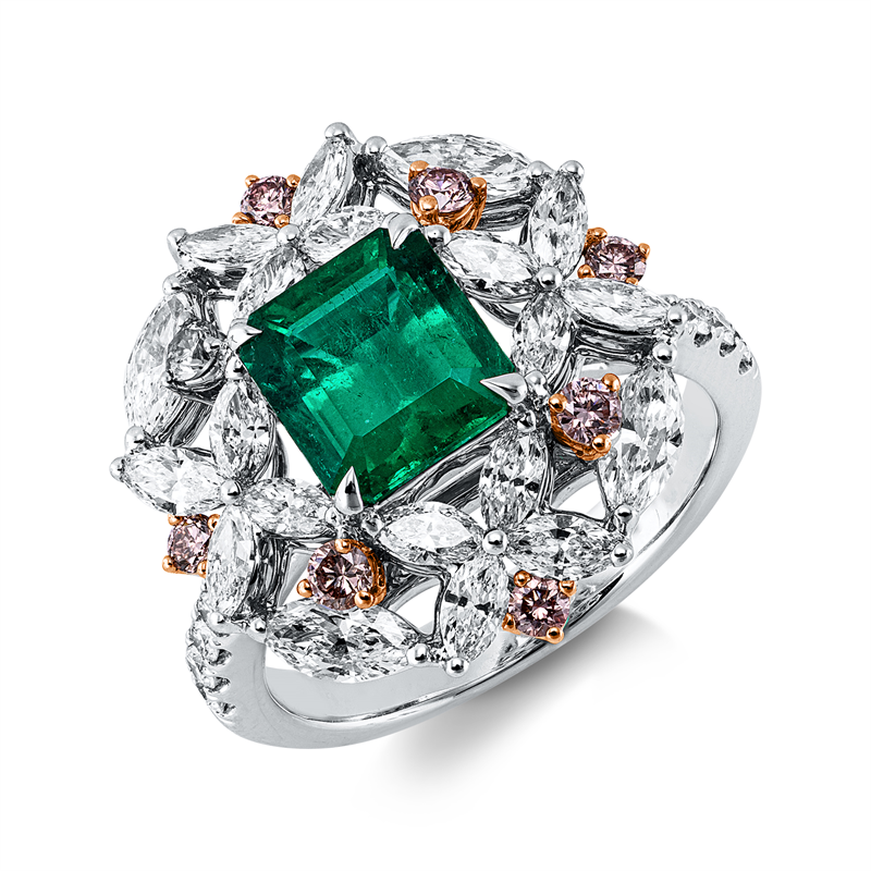 Ring mit Smaragd  aus 750/-18 Karat Weißgold / Rotgold mit 40 Diamanten 1