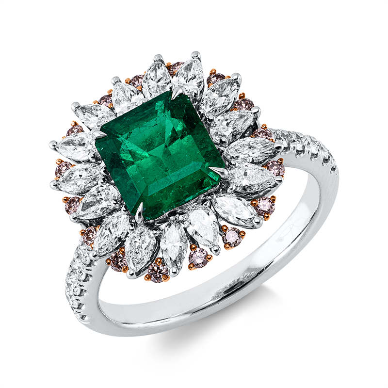 Ring mit Smaragd  aus 750/-18 Karat Weißgold / Rotgold mit 46 Diamanten 1