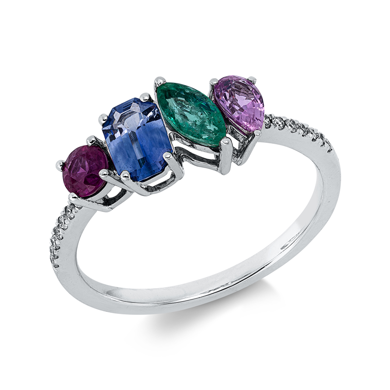Ring mit Farbstein  aus 750/-18 Karat Weißgold mit 14 Diamanten 0