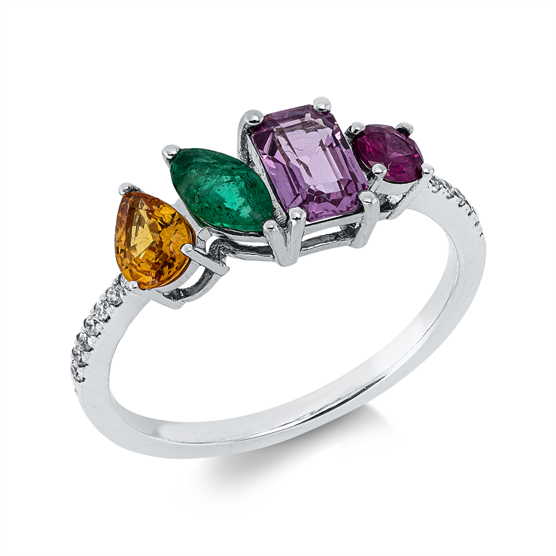 Ring mit Farbstein  aus 750/-18 Karat Weißgold mit 14 Diamanten 0