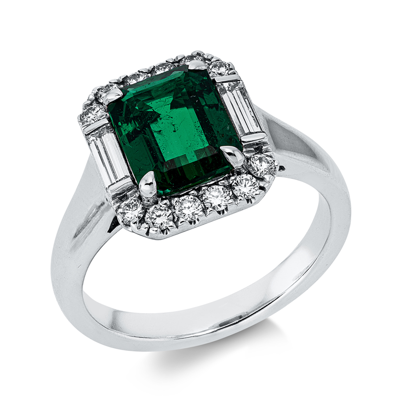 Ring mit Smaragd  aus 750/-18 Karat Weißgold mit 14 Diamanten 0