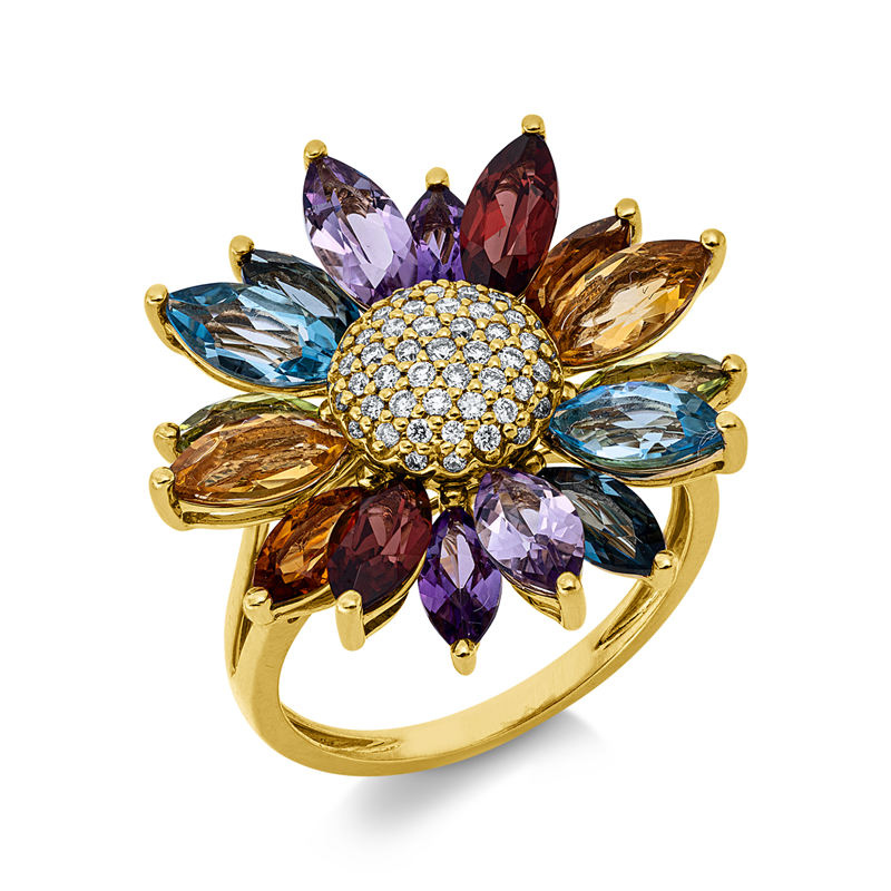 Ring mit Farbstein  aus 750/-18 Karat Gelbgold mit 49 Diamanten 0