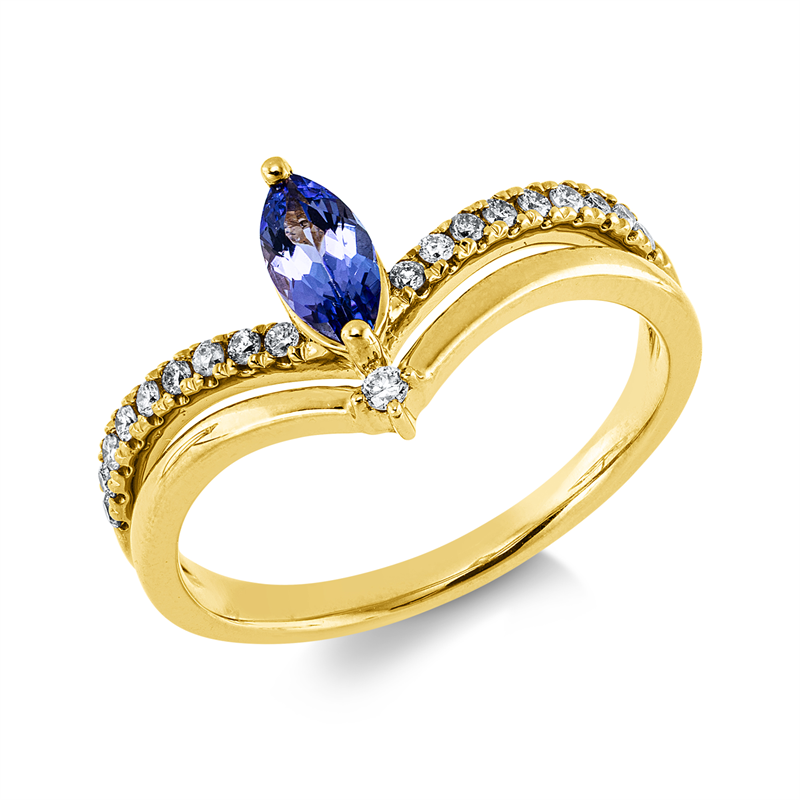 Ring mit Tansanit  aus 585/-14 Karat Gelbgold mit 19 Diamanten 0