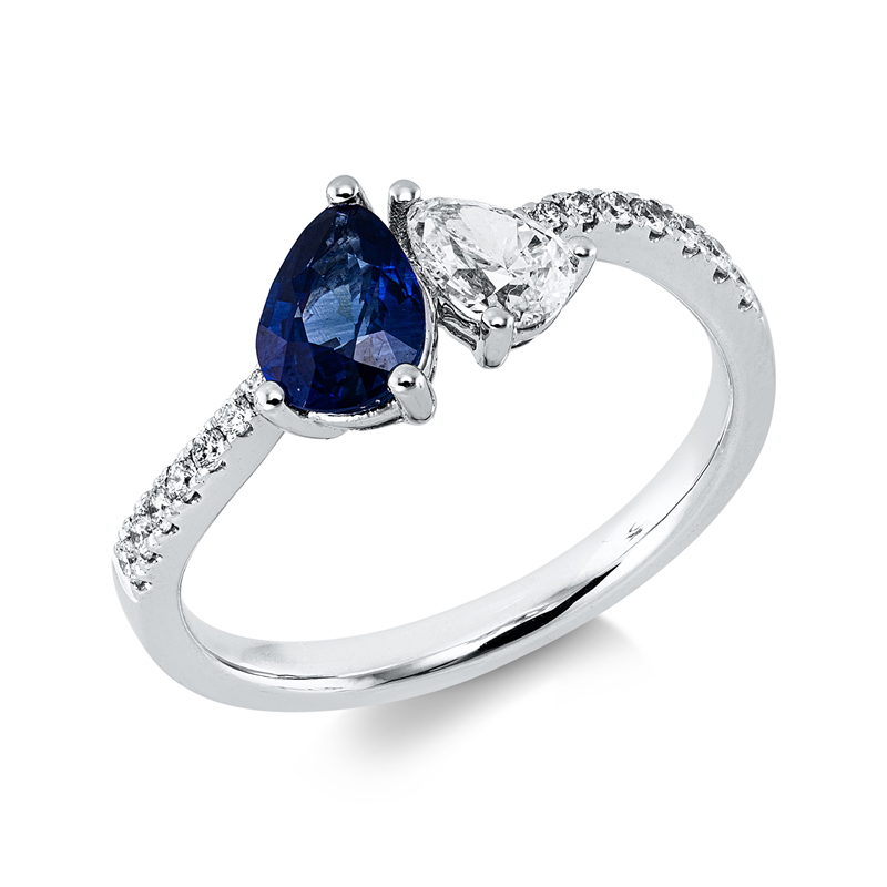 Ring mit Saphir  aus 750/-18 Karat Weißgold mit 15 Diamanten 0