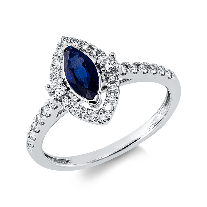 Ring mit Saphir  aus 585/-14 Karat Weißgold mit 32 Diamanten 0