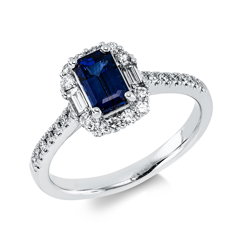 Ring mit Saphir  aus 750/-18 Karat Weißgold mit 28 Diamanten 0