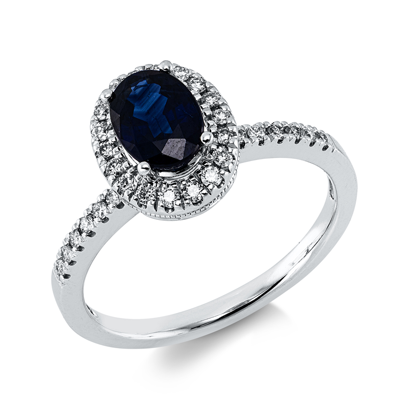 Ring mit Saphir  aus 585/-14 Karat Weißgold mit 30 Diamanten 0