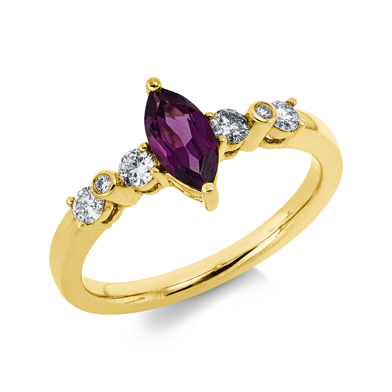 Ring mit Rhodolith  aus 585/-14 Karat Gelbgold mit 6 Diamanten 0