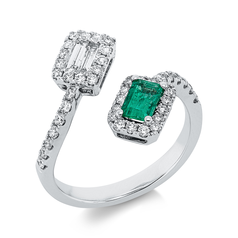 Ring mit Smaragd  aus 750/-18 Karat Weißgold mit 46 Diamanten 0
