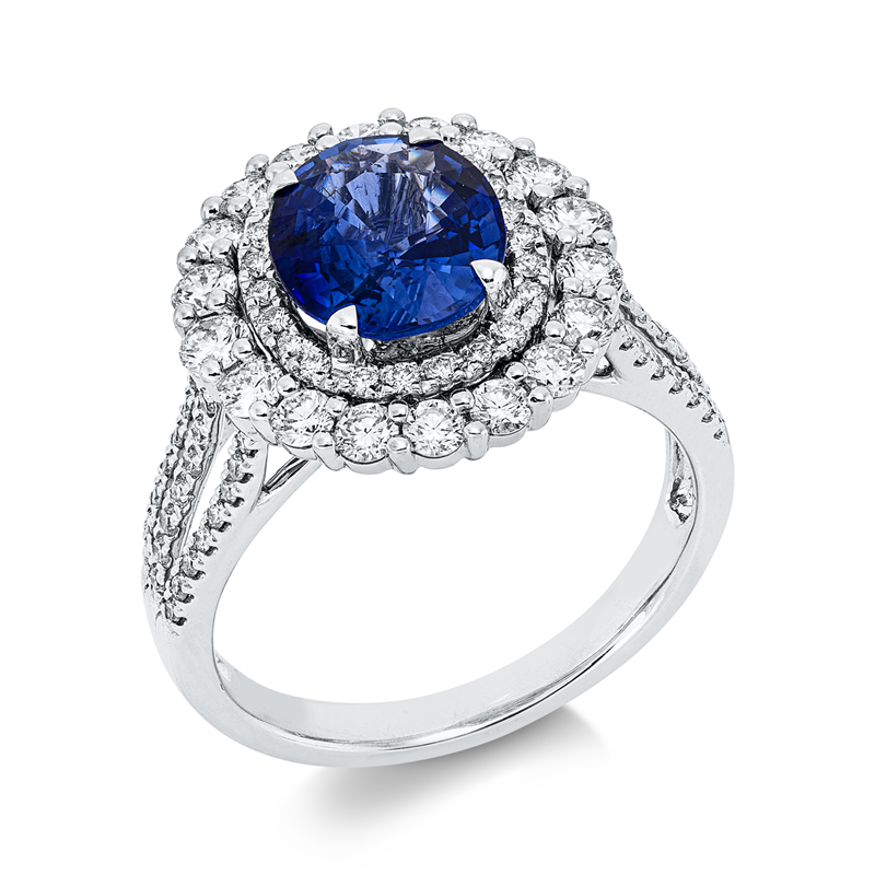 Ring mit Saphir  aus 750/-18 Karat Weißgold mit 86 Diamanten 0