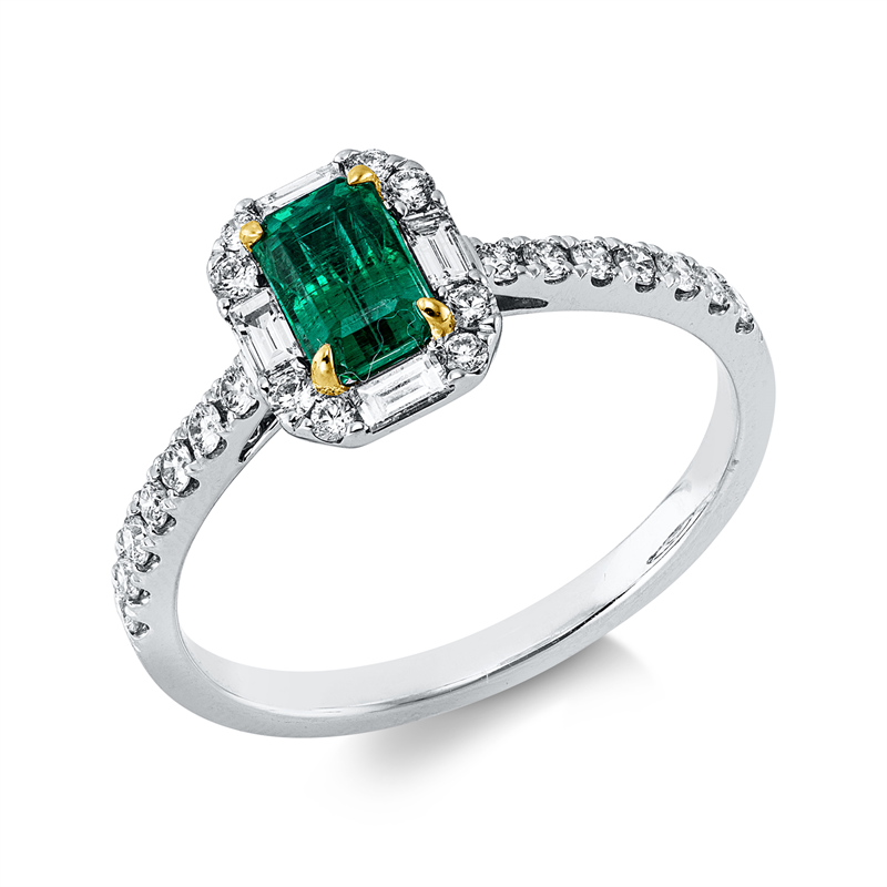 Ring mit Smaragd  aus 750/-18 Karat Weißgold / Gelbgold mit 26 Diamanten 0