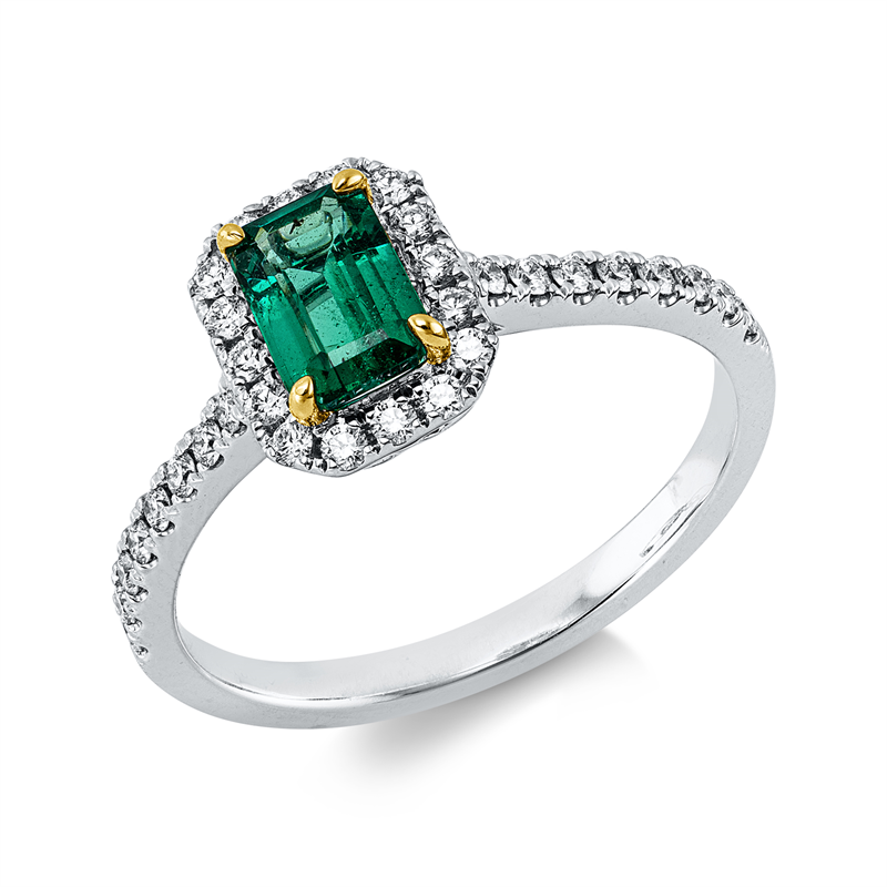 Ring mit Smaragd  aus 750/-18 Karat Weißgold / Gelbgold mit 32 Diamanten 0