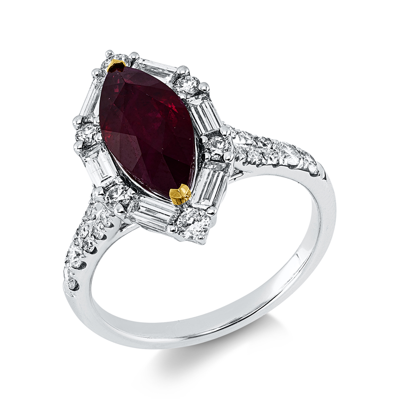 Ring mit Rubin  aus 750/-18 Karat Weißgold / Gelbgold mit 32 Diamanten 1 ct
