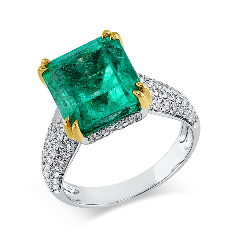 Ring mit Smaragd  aus 750/-18 Karat Weißgold / Gelbgold mit 114 Diamanten 0
