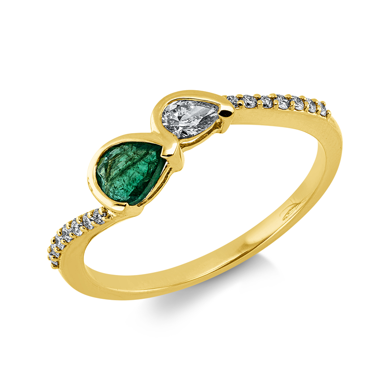 Ring mit Smaragd  aus 750/-18 Karat Gelbgold mit 15 Diamanten 0