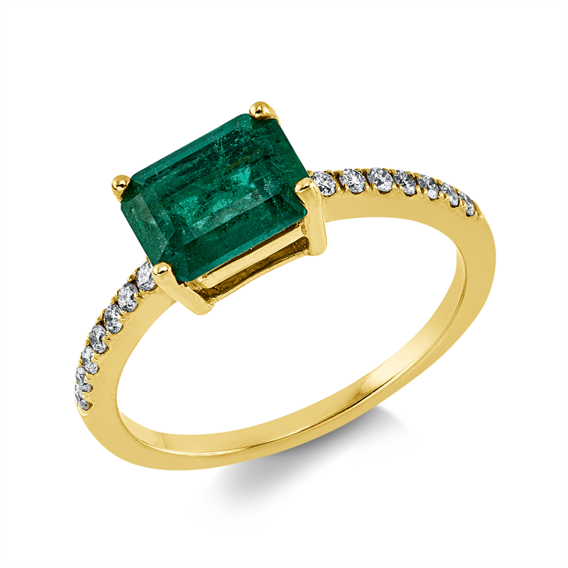 Ring mit Smaragd  aus 750/-18 Karat Gelbgold mit 14 Diamanten 1