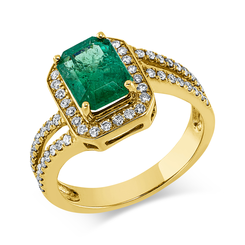 Ring mit Smaragd  aus 750/-18 Karat Gelbgold mit 58 Diamanten 0