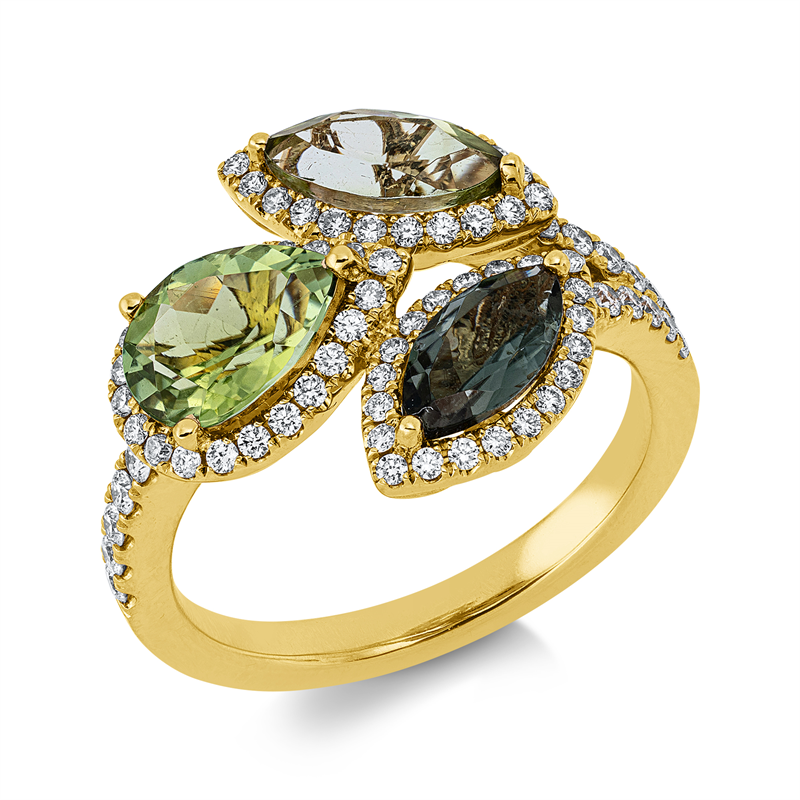 Ring mit Turmalin  aus 750/-18 Karat Gelbgold mit 78 Diamanten 0