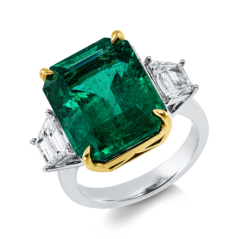 Ring mit Smaragd  aus 750/-18 Karat Weißgold / Gelbgold mit 2 Diamanten 1