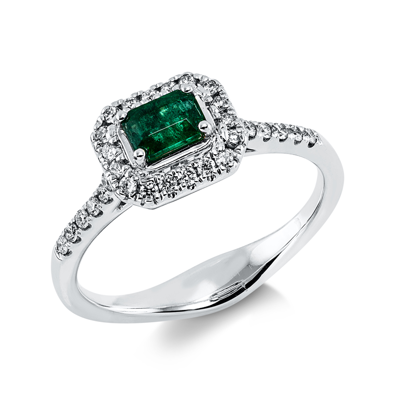 Ring mit Smaragd  aus 750/-18 Karat Weißgold mit 32 Diamanten 0