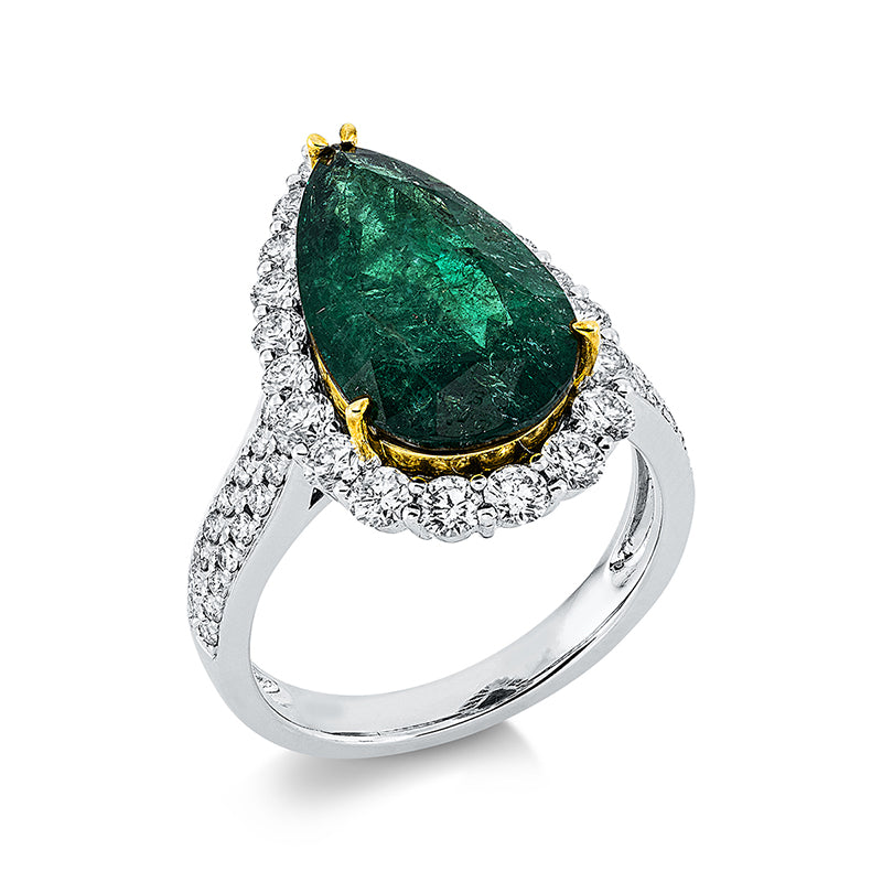 Ring mit Smaragd  aus 750/-18 Karat Weißgold / Gelbgold mit 52 Diamanten 1