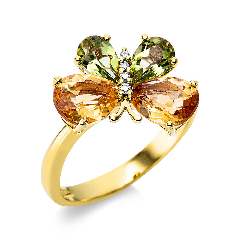 Ring mit Citrin  aus 750/-18 Karat Gelbgold mit 4 Diamanten 0