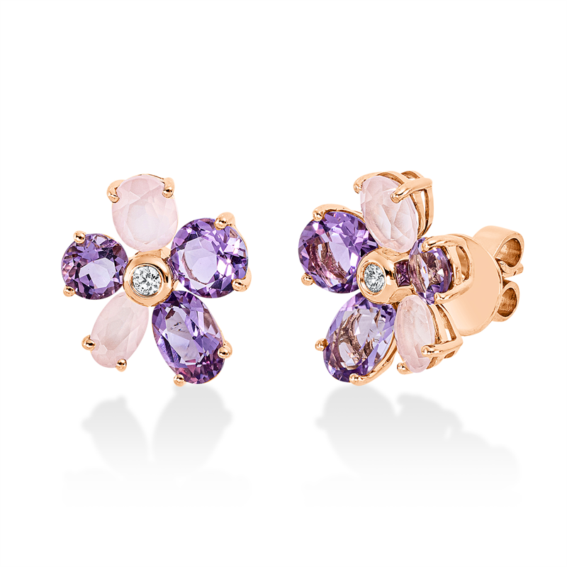 Ohrstecker mit Rosenquarz  aus 750/-18 Karat Rotgold mit 2 Diamanten 0