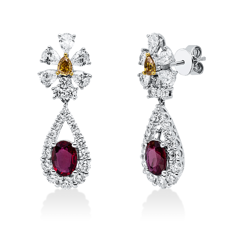 Ohrschmuck mit Rubin  aus 750/-18 Karat Weißgold / Gelbgold mit 50 Diamanten 3