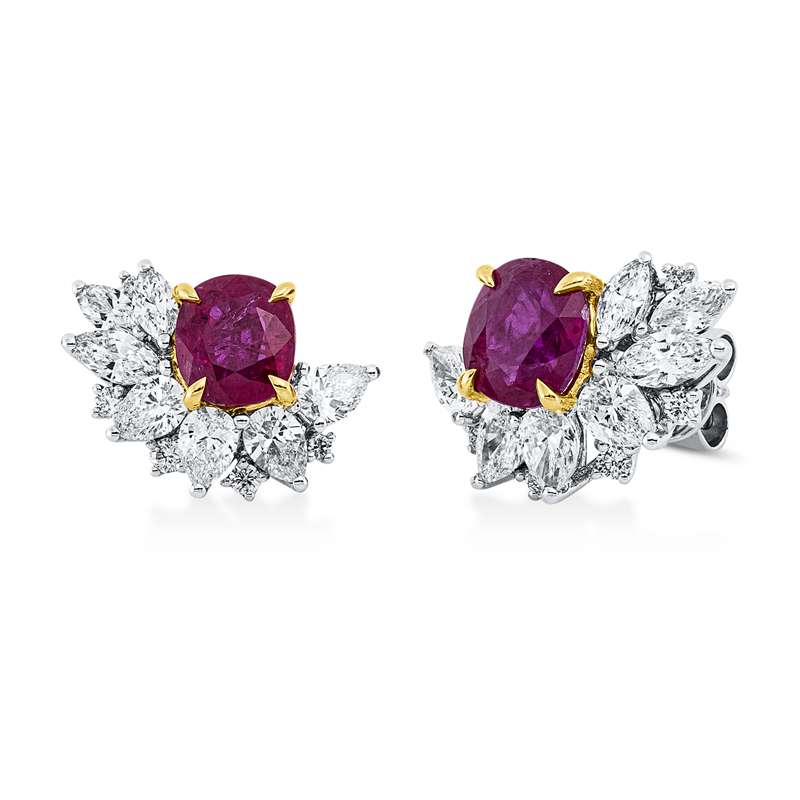 Ohrstecker mit Rubin  aus 750/-18 Karat Weißgold / Gelbgold mit 24 Diamanten 1