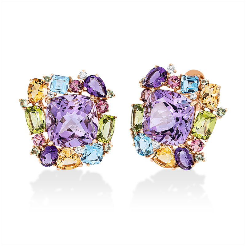 Ohrstecker mit Farbstein  aus 750/-18 Karat Rotgold mit 6 Diamanten 0