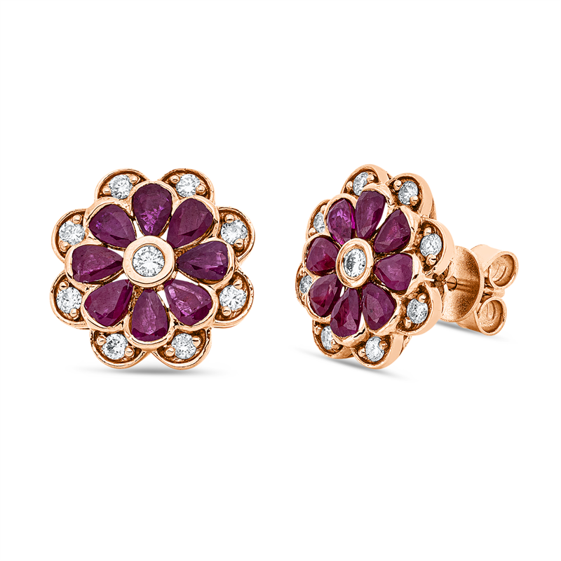 Ohrstecker mit Rubin  aus 750/-18 Karat Rotgold mit 18 Diamanten 0