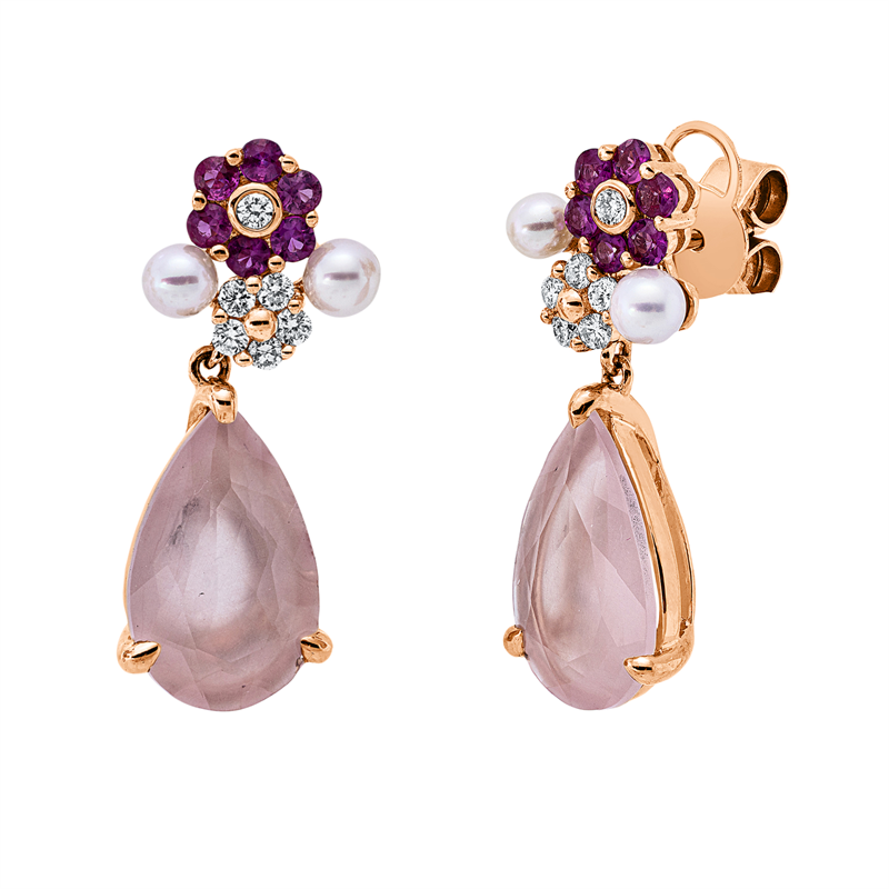 Ohrschmuck mit Saphir mit Süßwasserperle aus 750/-18 Karat Rotgold mit 12 Diamanten 0