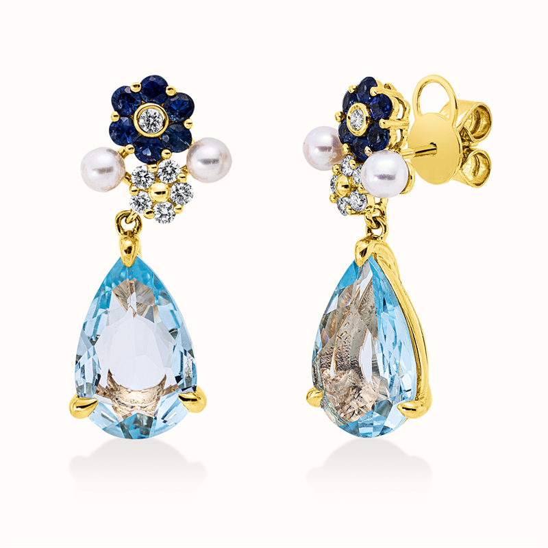 Ohrschmuck mit Saphir mit Süßwasserperle aus 750/-18 Karat Gelbgold mit 12 Diamanten 0