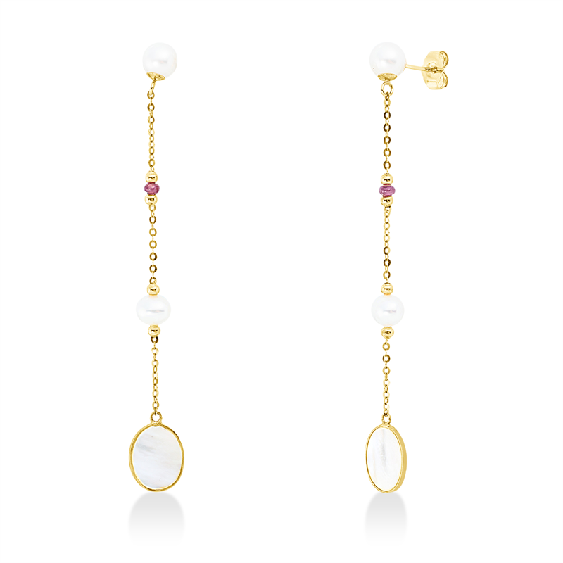 Ohrschmuck mit Rubin mit Süßwasserperle aus 750/-18 Karat Gelbgold  