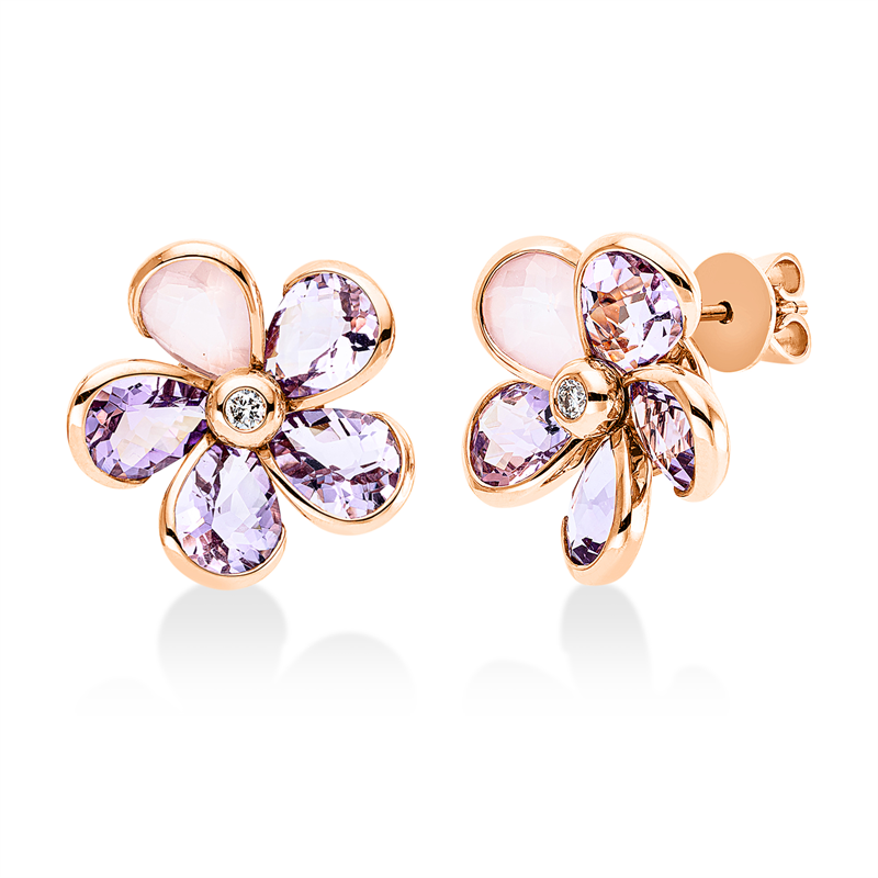 Ohrstecker mit Rosenquarz  aus 750/-18 Karat Rotgold mit 2 Diamanten 0