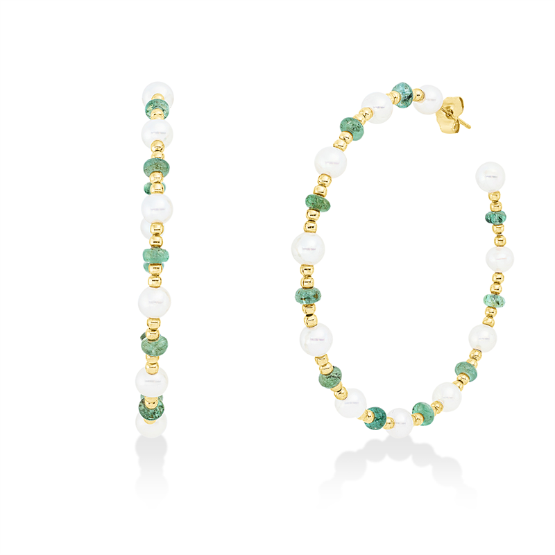 Creolen mit Smaragd mit Zuchtperle aus 750/-18 Karat Gelbgold  