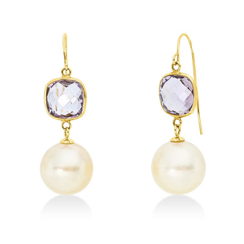 Ohrhänger mit Amethyst mit Südseeperle aus 585/-14 Karat Gelbgold  