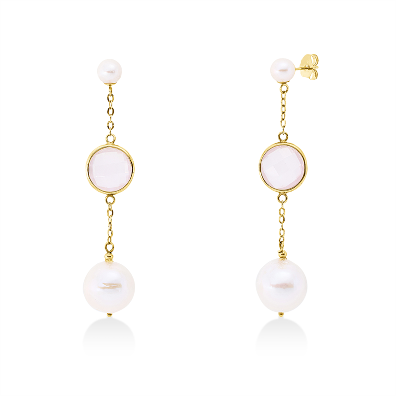 Ohrschmuck mit Rosenquarz mit Zuchtperle aus 585/-14 Karat Gelbgold  