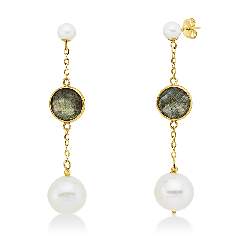 Ohrschmuck mit Labradonit mit Zuchtperle aus 585/-14 Karat Gelbgold  